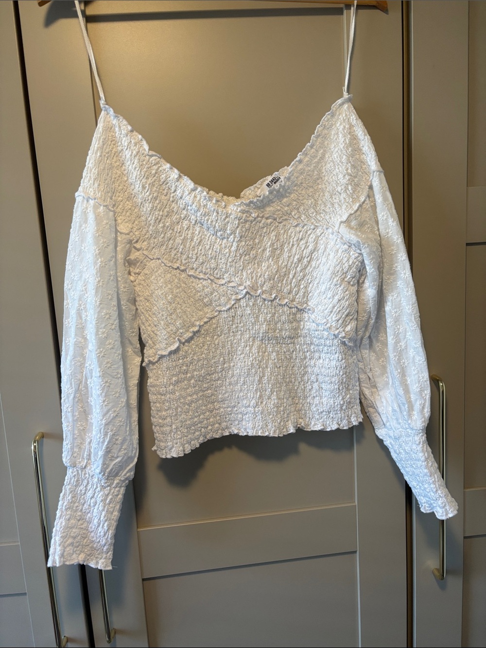 BB Dakota by Steve Madden White Smocked Off-Shoulder Blouse